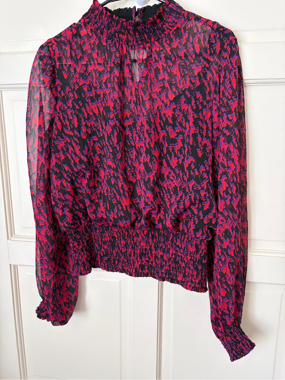 Express Sheer Smocked Blouse in Fuchsia & Black Abstract Print